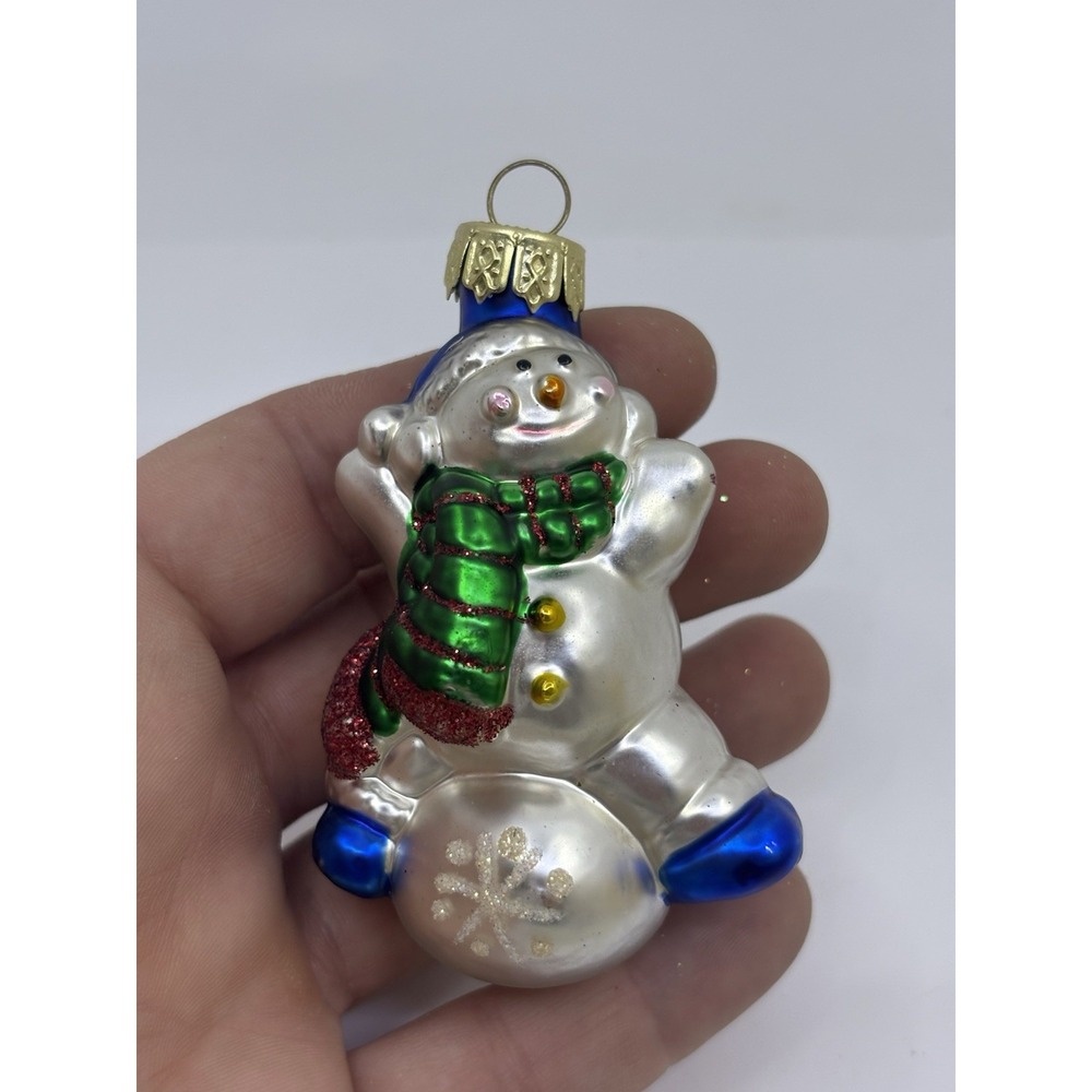 Glass Blown Snowman Playing On Snowball Christmas Ornament Blue Green Read*